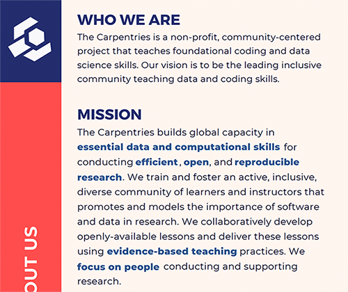 The Carpentries workshops https://carpentries.org/ provide a curriculum and global community of practice for teaching foundational coding and data skills to researchers across a range of disciplines. Our vision is to be the leading inclusive community teaching data and coding skills.